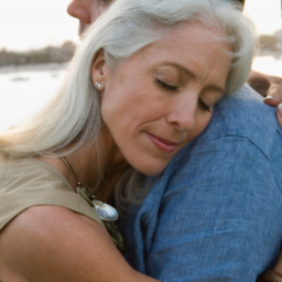 Woman with gray hair hugs man in denim shirt with lake in background.