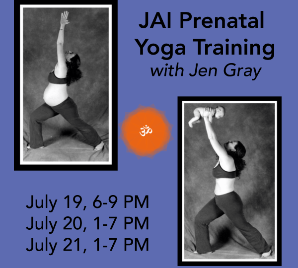 Jen Gray, creator of JAI Prenatal Yoga in warrior 1 while pregnant and holding her child over head in warrior 1 after birth.